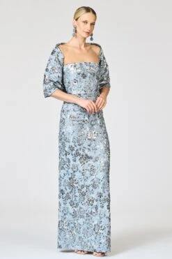 METALLIC CLOQUE SOPHIA GOWN - PEWTER GARDENS -Sachin and Babi US R261J05 040