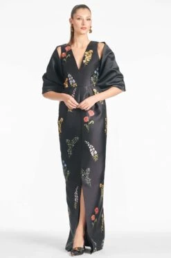 Marsden Gown - Noir Bouquet -Sachin and Babi US SHAWL BLACK FRONT