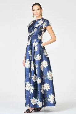 EMBELLISHED MARTA GOWN - NAVY NARCISSUS -Sachin and Babi US sidebeltmarta
